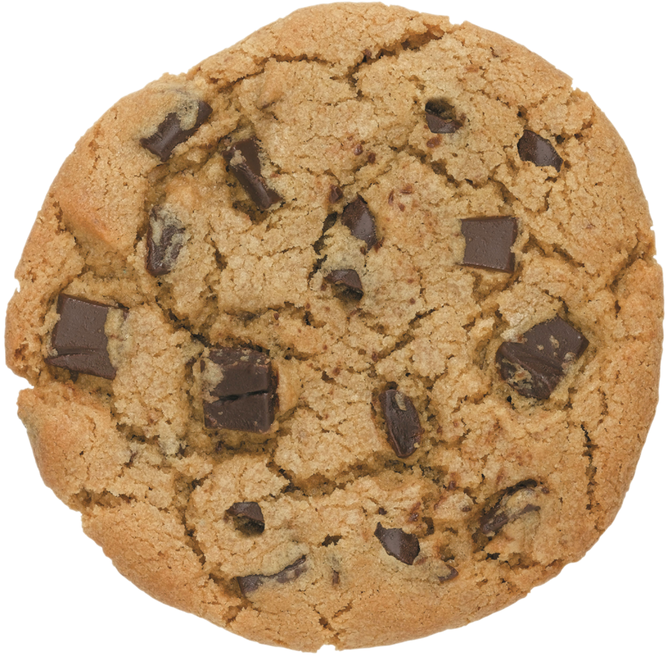 A photo of a delicious and tasty chocolate chip cookie with kinda squarish chocolate chips, taken directly top-down view, on a transparent background.