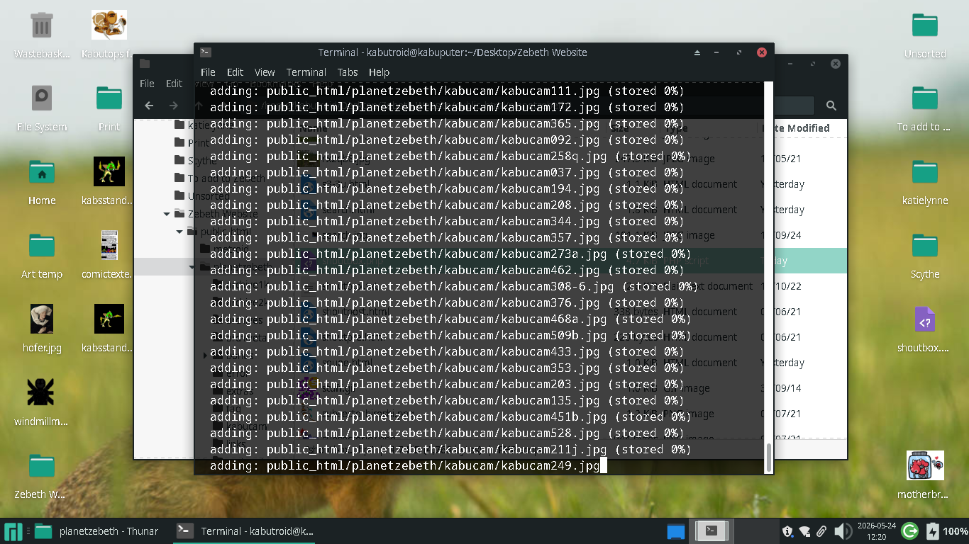 A screenshot of Kabutroid's laptop, showing the terminal screen running through and adding all of the files of Planet Zebeth to a zip file.