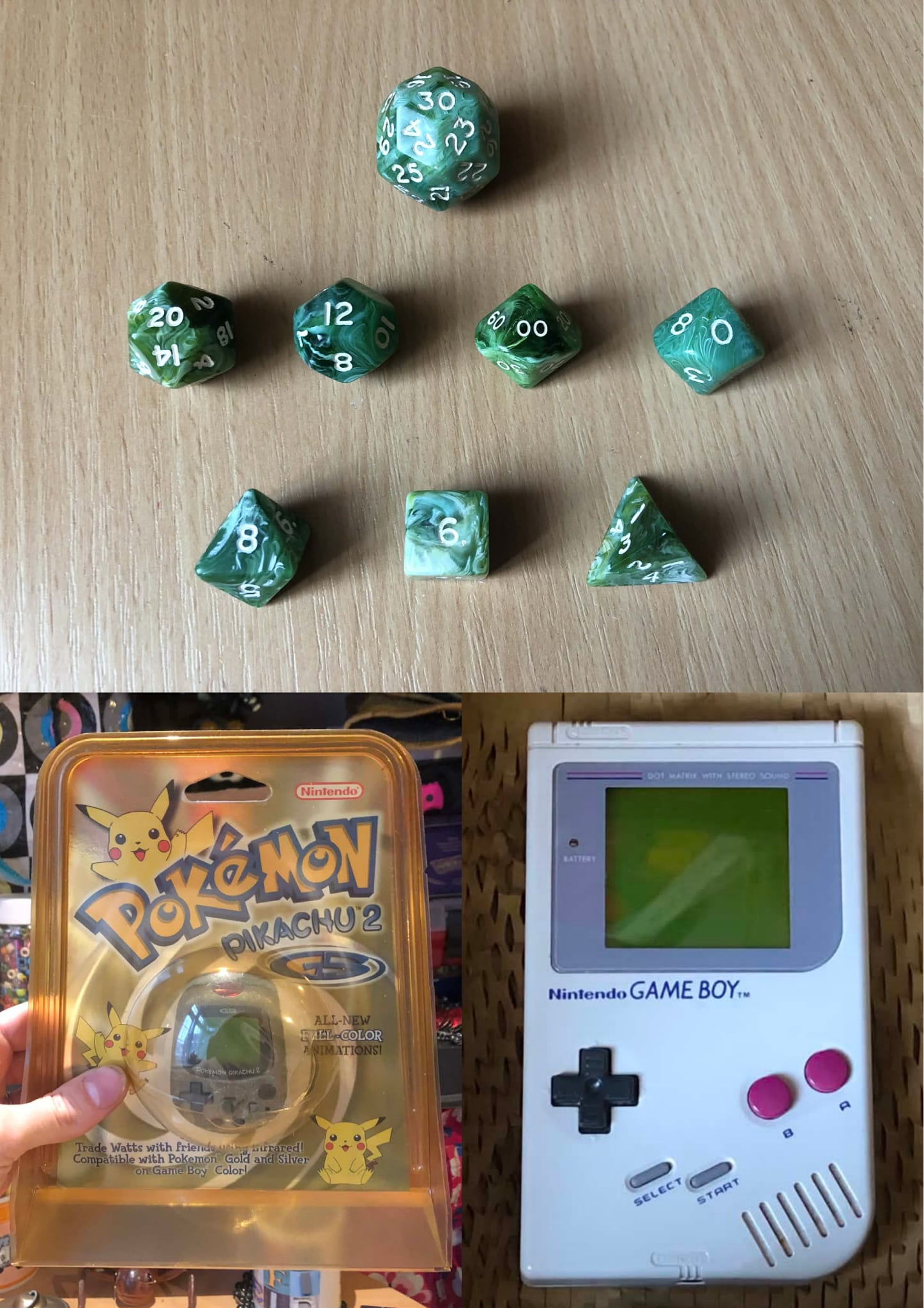 A collage of three images, the top being a set of 8 peridot green dice, the bottom left being the Pokemon pikachu 2 gs pedometer, and the bottom right being an original Nintendo Gameboy.