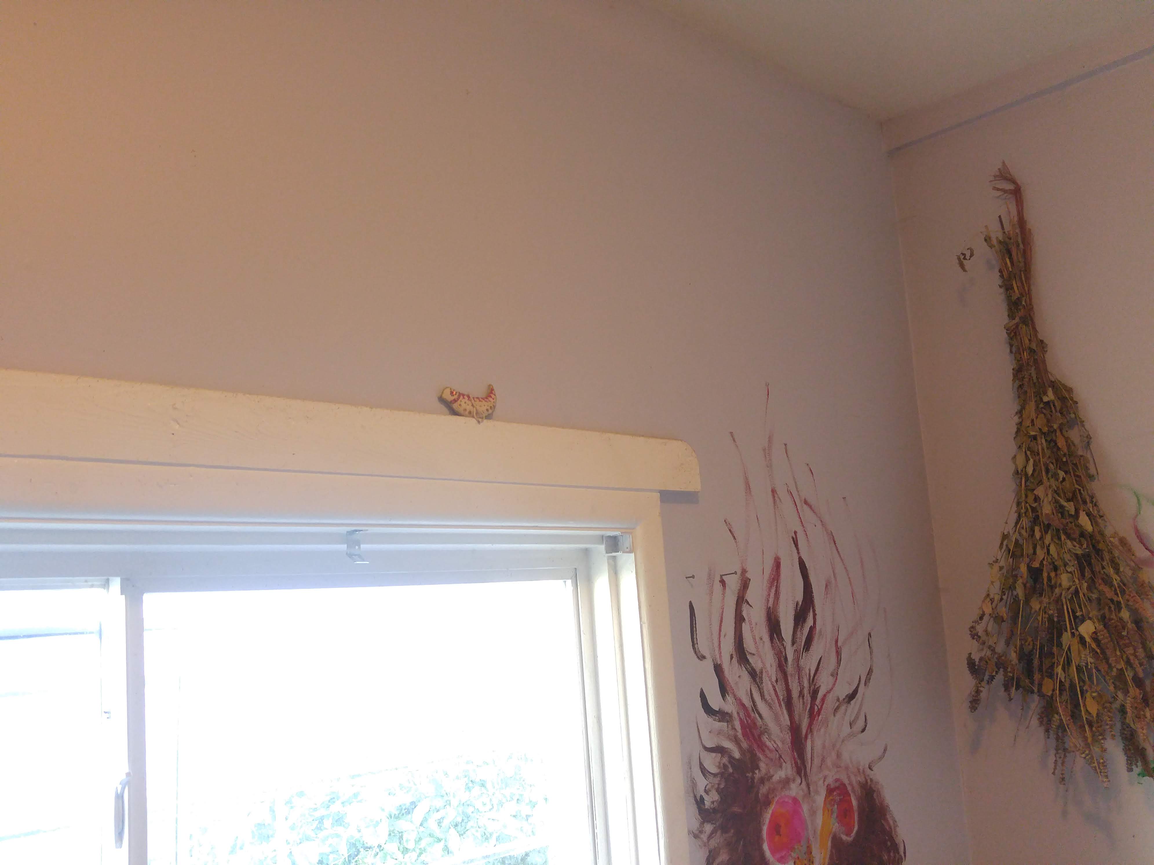 There's a little beaded fish toy on the window trim in the pantry.
