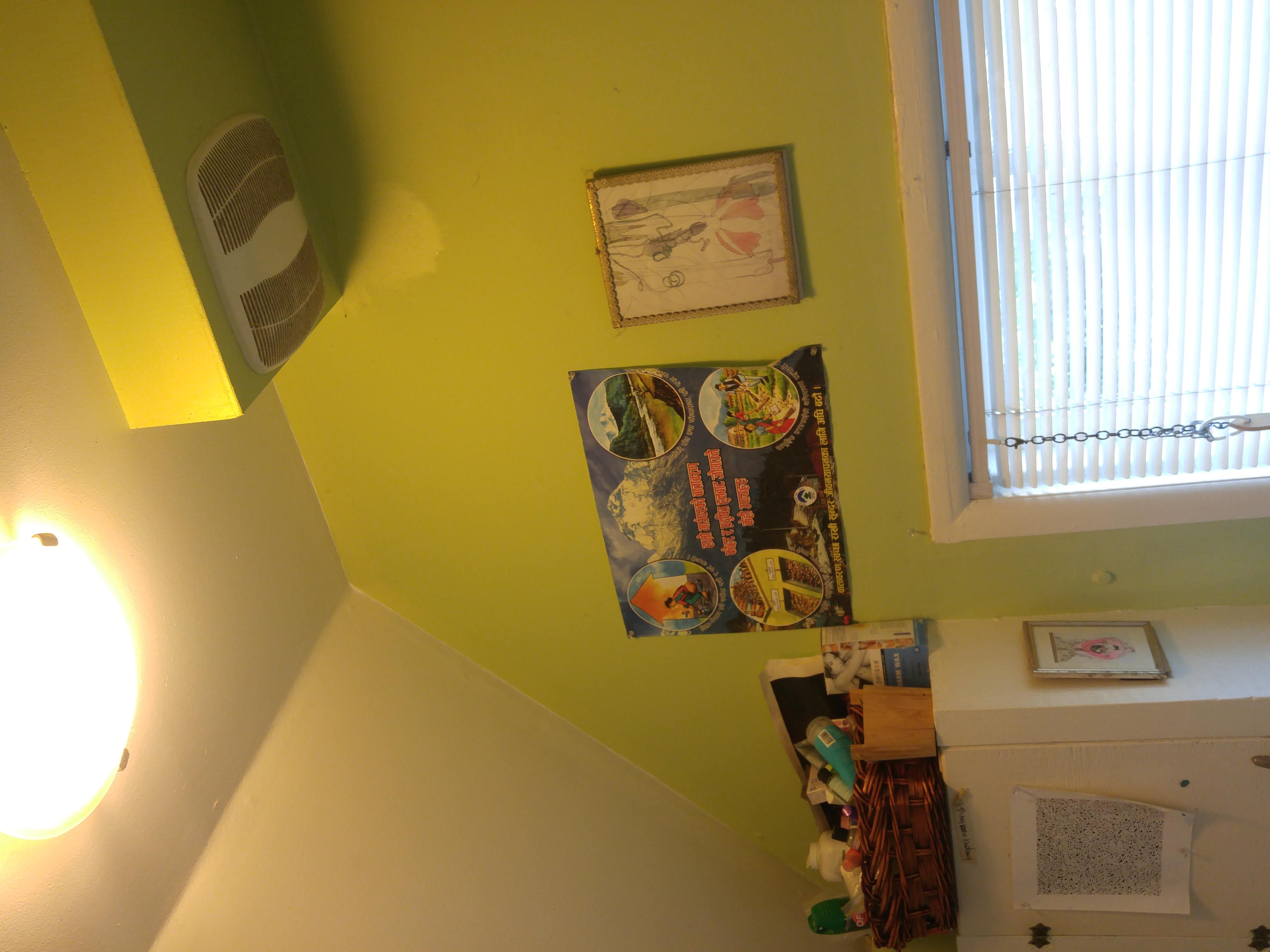 More wall hangings. Something in another language, a sketch-like painting of a flower.