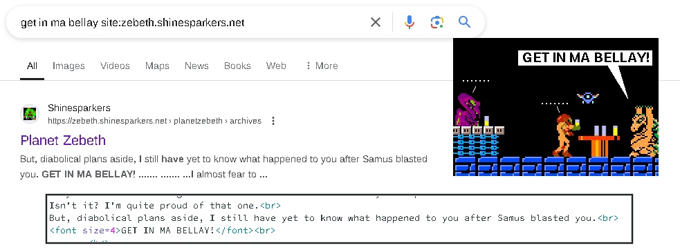 A screenshot from searching Planet Zebeth for text from the comic, the resulting link, and screenshots for that part of the comic strip, and the text transcription on the site.