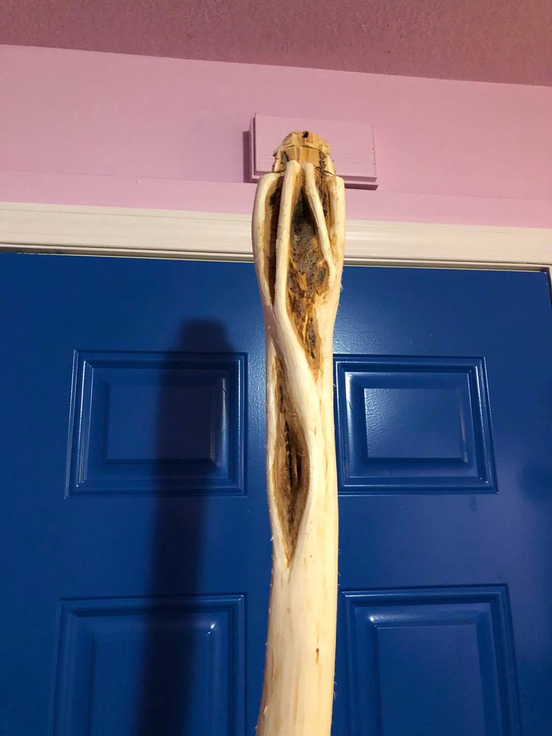 The back of the top of the staff, with more vinework of the trunks of multiple trees growing together.