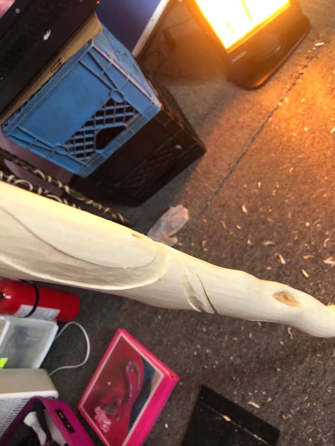 The beginning of the carving, showing the first several swooping lines.