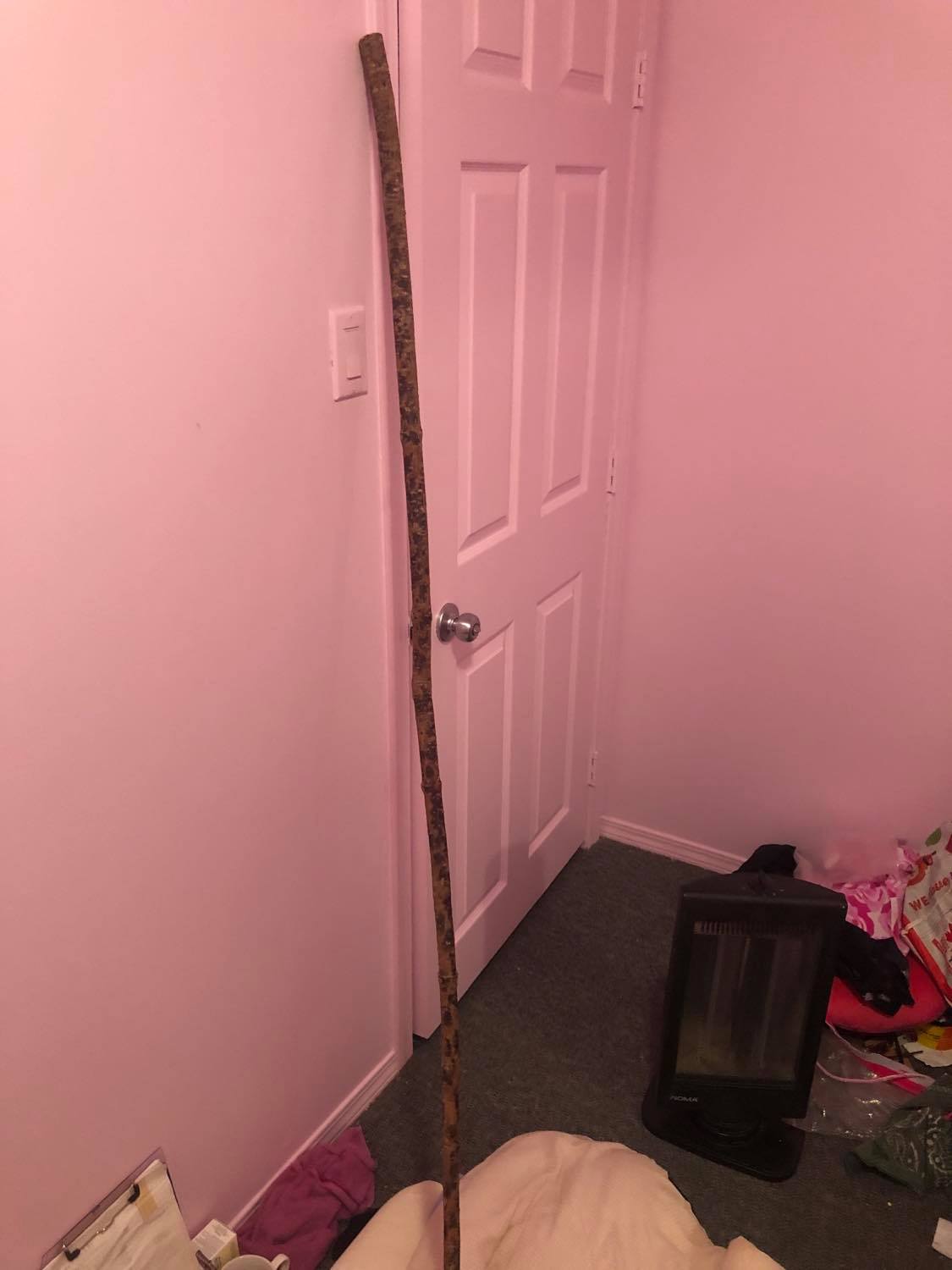 A full view of the staff, up against the wall.