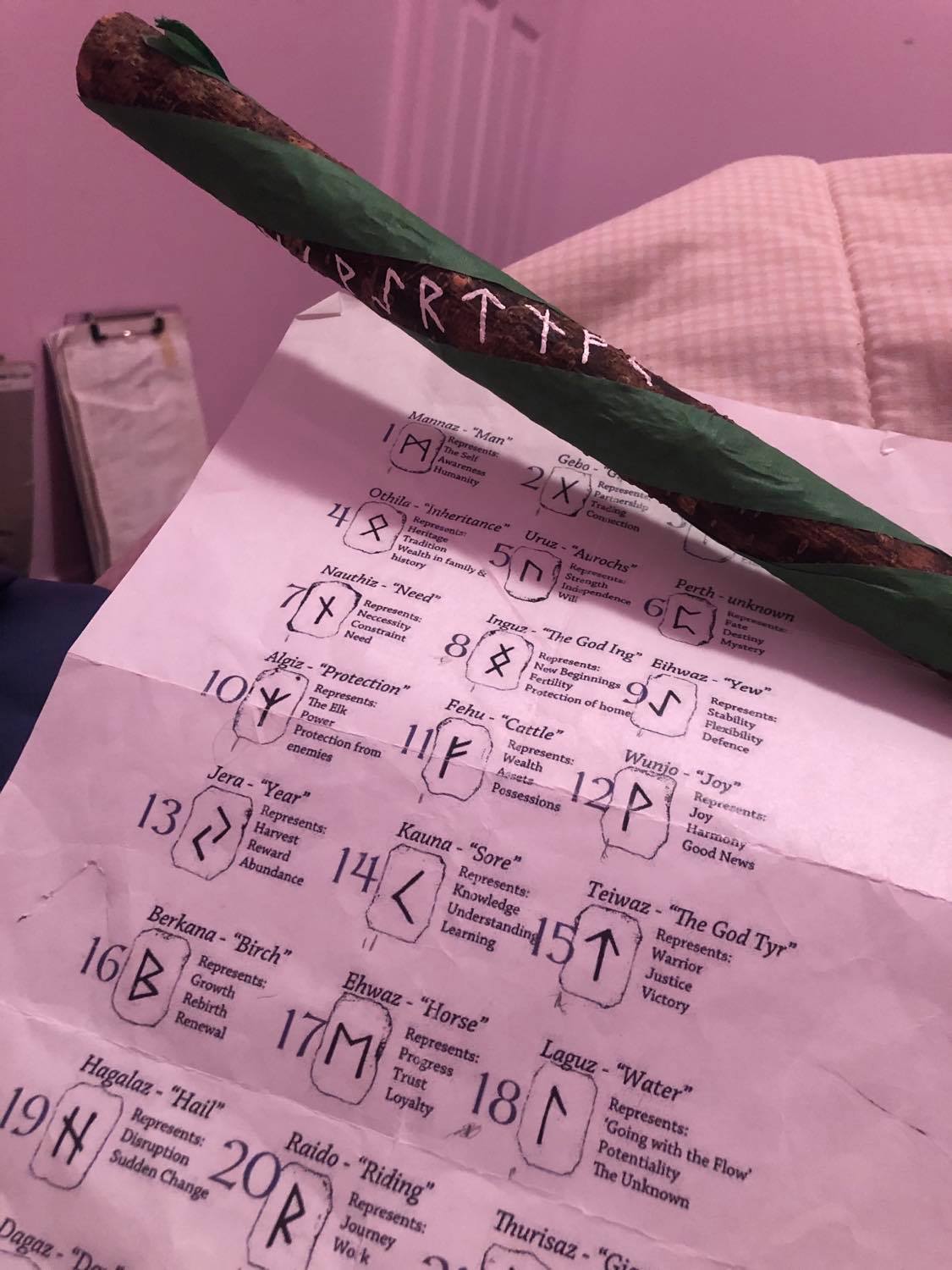 More runes, and the rune sheet that I am using. There's tape on either side of the runes to keep me straight and the right height.