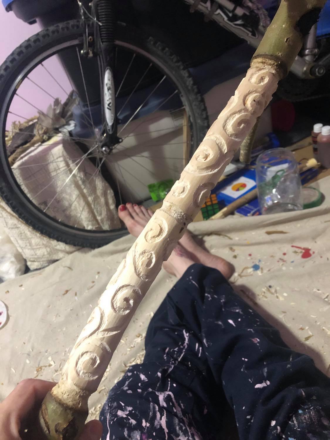 The scrolling linework complete, carved in fairly deeply with the lines tightly close to eachother.