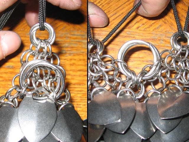 A two-part pic, a closeup of the mobius ball end, and a closeup of the larger two-ring mobius ball that are where the strap connects.