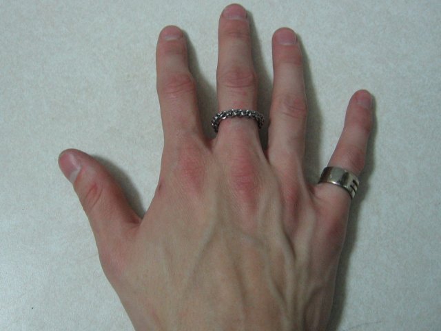 The chainmaille ring being worn on Kabutroid's middle finger, and the ring tool ring on her pinky.