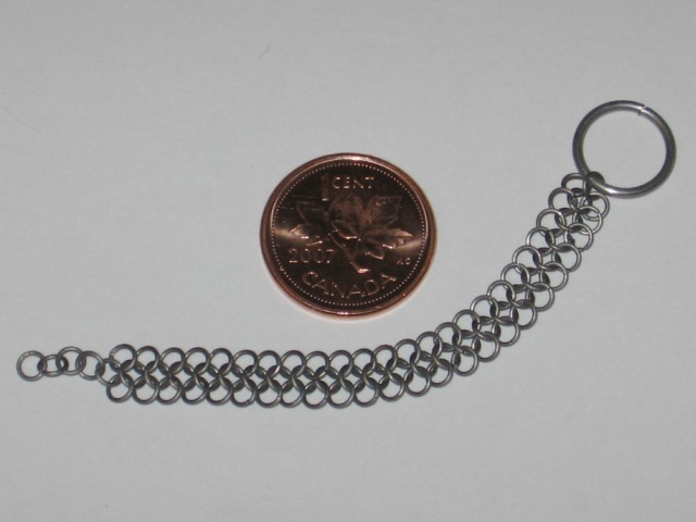 A section of european 4 in 1 weave, attached to the control ring, curved around the penny.