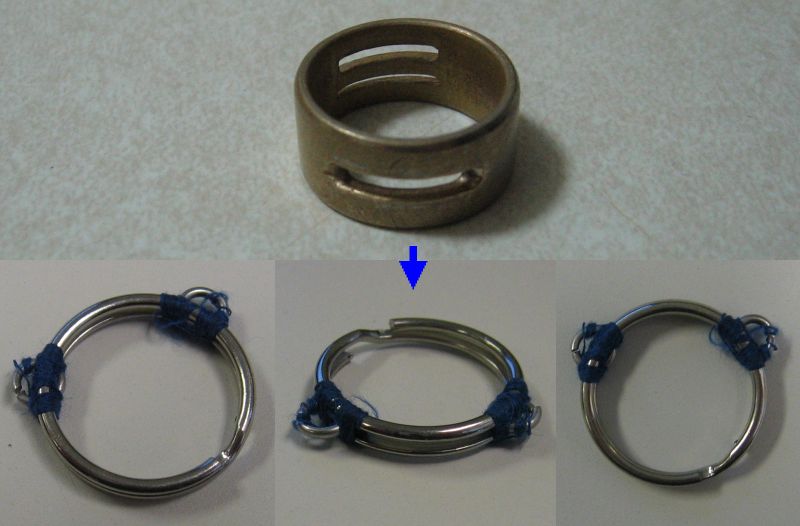 A split photo, showing a faded and used ring with slits in it, and an arrow pointing down to three views of a homemade one, a keyring with smaller rings tied into it with blue thread, sitting on a pale surface.