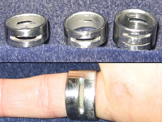 Four pics of the ring, showing the four different slot sizes, and showing the ring on Kabutroid's finger.