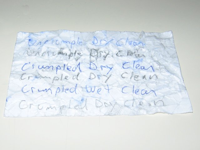The same crumple test, but without that heavy printing on the backside. There is far less colour inside of the creases.