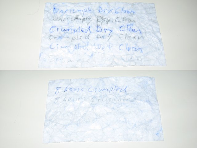 A two part image with the dry clean and wet clean tests, and the eight hour tests on it, with the text barely visible on the eight hour test.