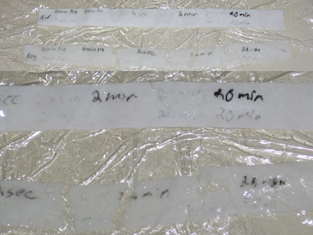 The regular paper broken apart into multiple pieces, with the all weather holding up, with the gel pen strangely writing excellently on it, and pencil of course.