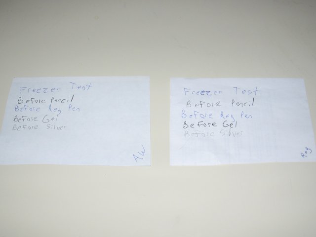 The two freezer test papers, for both regular and all weather paper