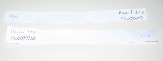 Pencil drawn on a sample strip of both paper types.