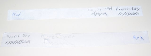 The two types of paper, with pencil wet written beside pencil dry.