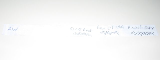 The words one hour on the all weather paper, with some test scribbles beneath.