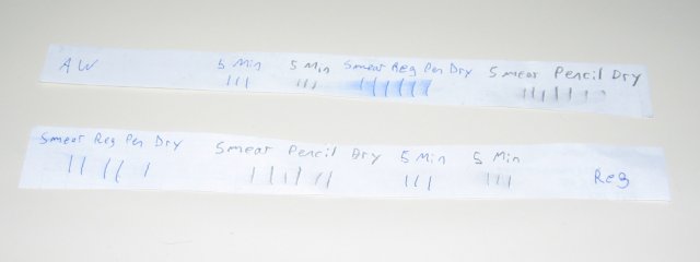 The two types of paper, with more smearing visible on the all weather paper, especially the ink pen.