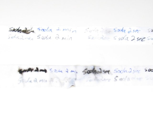 The two strips of paper, with the regular paper being heavily soaked and beginning to break apart.