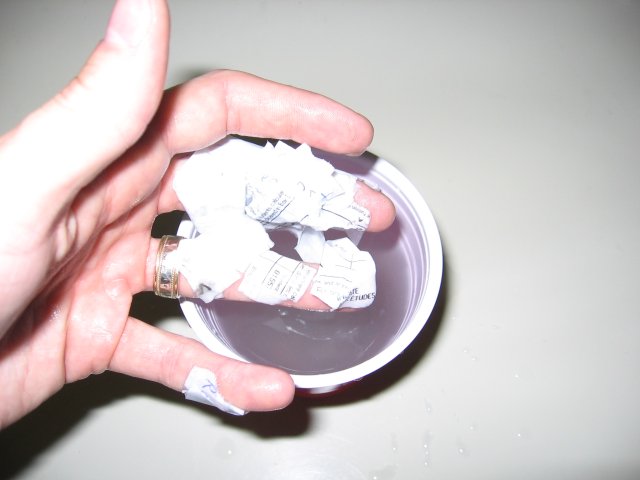 The papers as a glop on Kabutroid's hand above the cup of water.