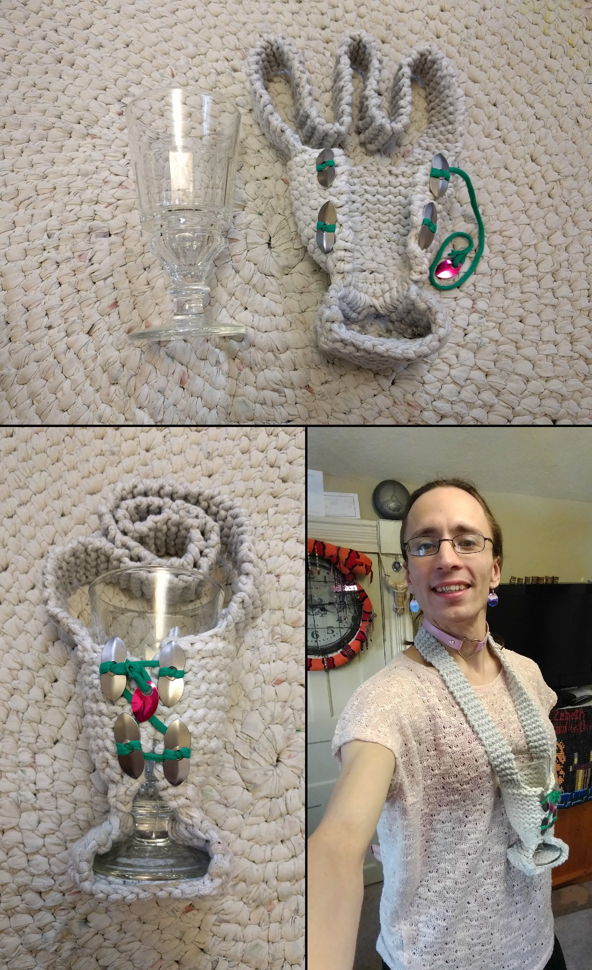 An white knitted cozy with green drawstrings, made to loop over the head like a lanyard