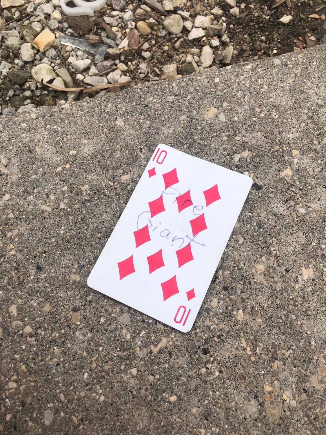 The ten of diamonds, laying on the ground before the creature.