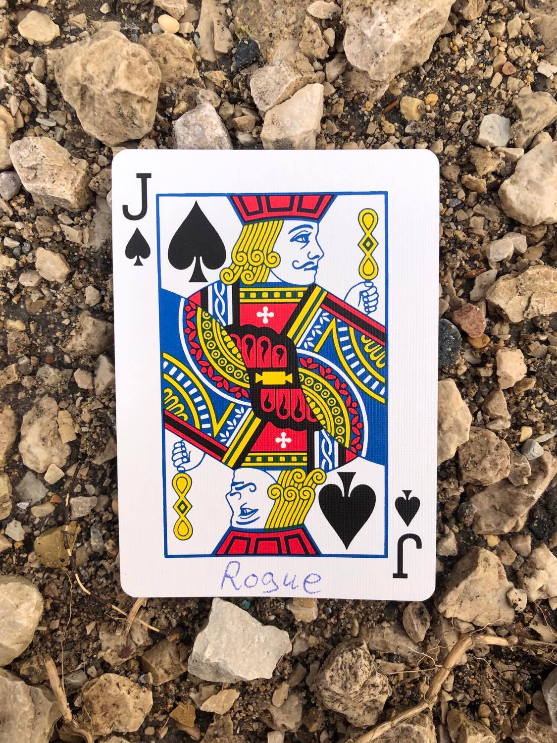 The jack of spades with Rogue written on it, laying on the gravel path.