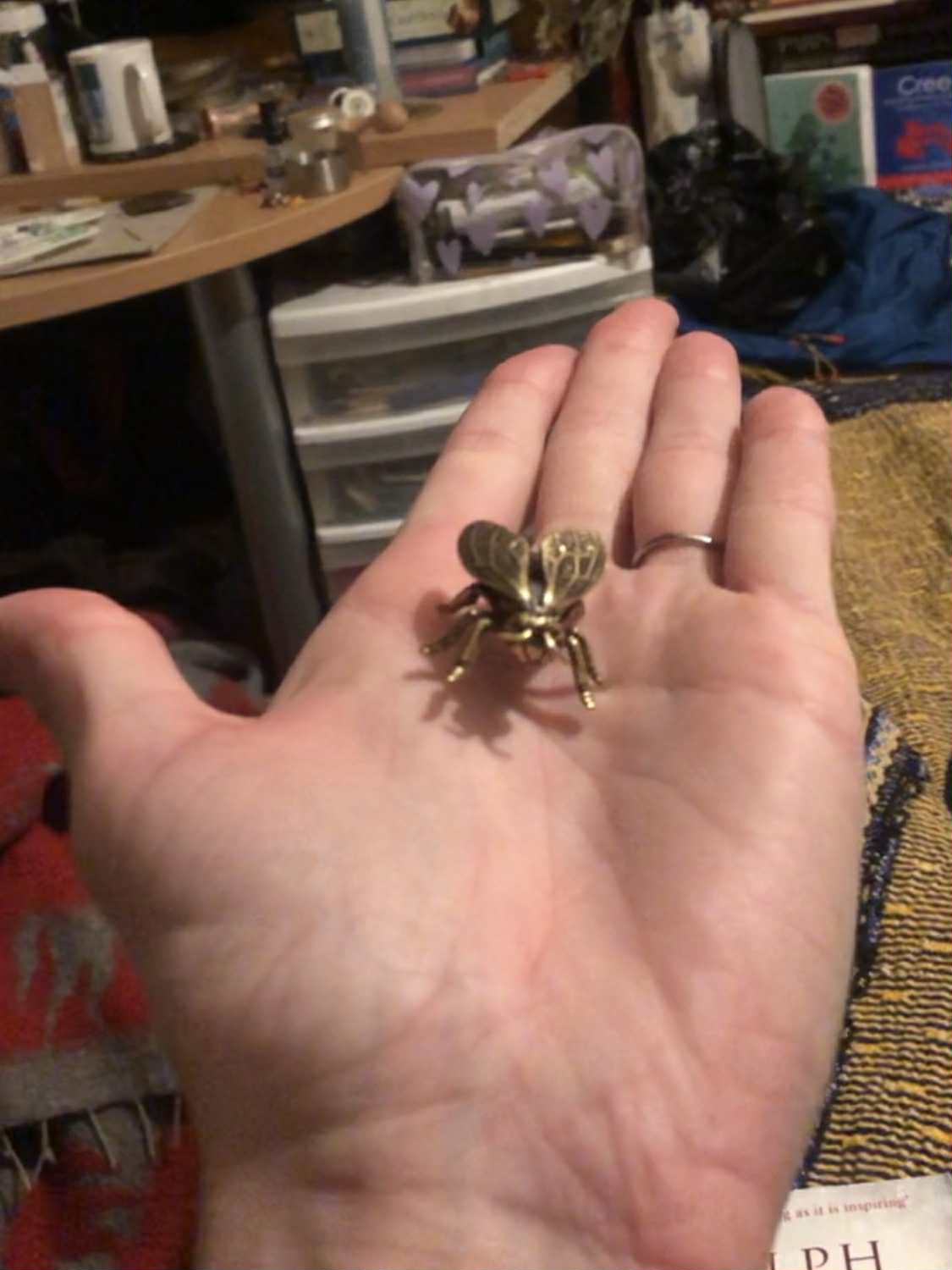 The bronze housefly sitting on Kabutroid's hand, looking about how big she imagines the ebony housefly item would be in dungeons and dragons.