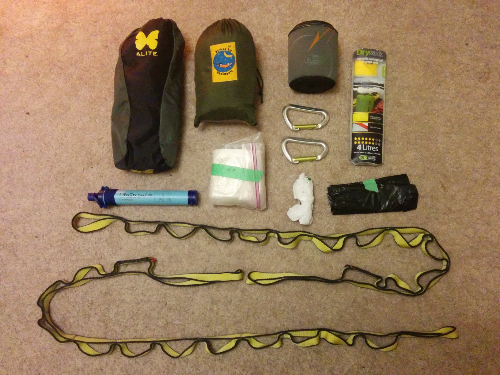 All of the main contents of the bag, with none of the smaller containers opened yet, spread out on the carpet.