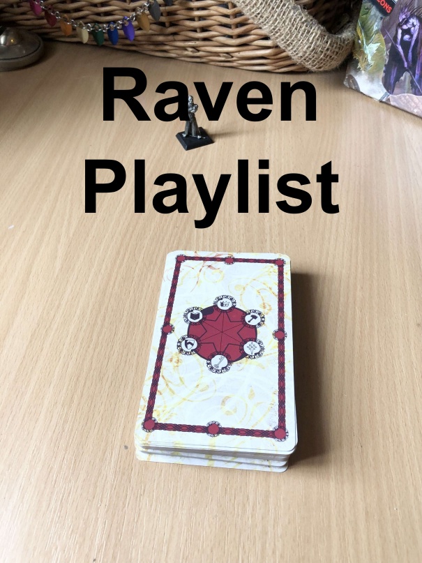 Link to the YouTube playlist of all of the Raven Facebiter card draws and adventure series. Image is of a pewter monk mini looking at the harrow deck of many things in front of it on a wooden table.