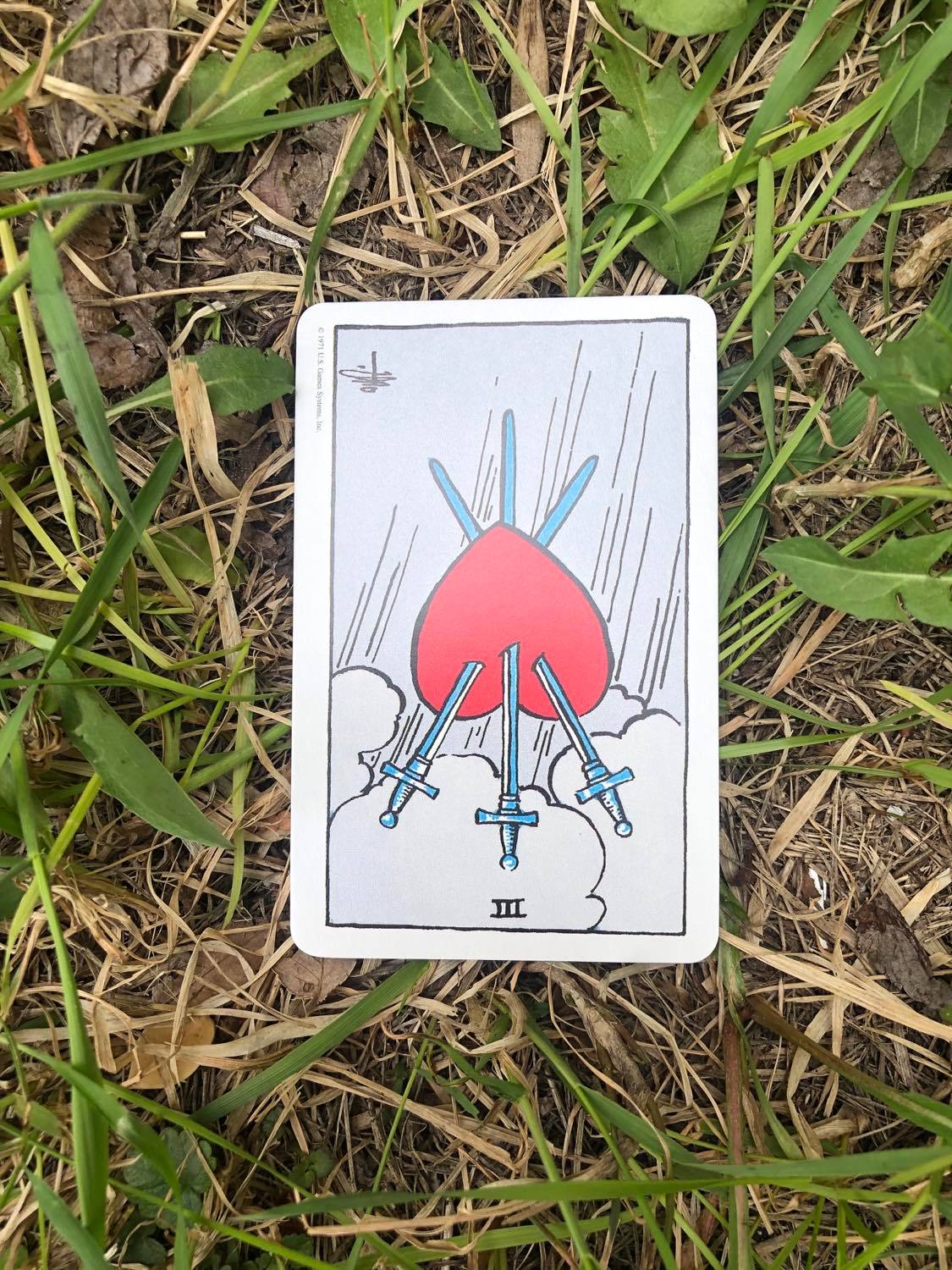 The Three of Swords, inverted, laying in the grass.
