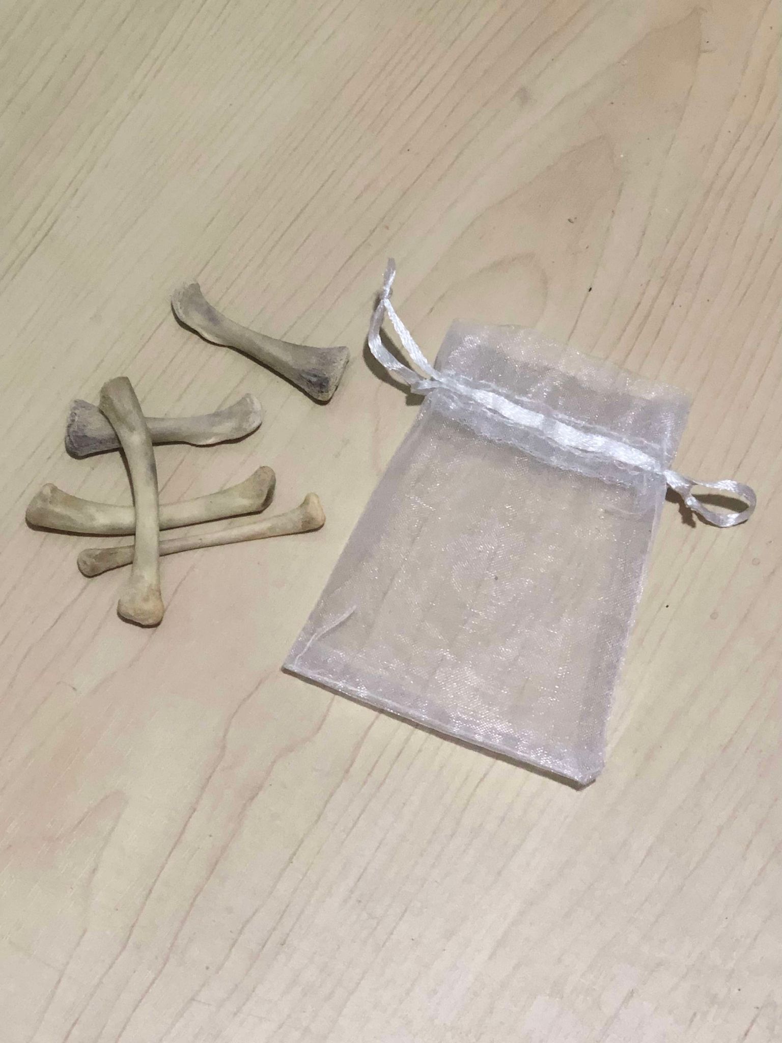 A photo of five chicken bones, cast onto a wooden table, creating a somewhat tower shape with an angle on the top, beside a clearish mesh bag that they sit in.