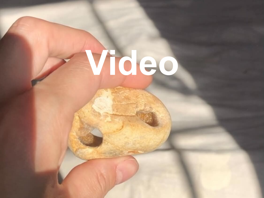 A picture of the large hagstone with the word video. The video shows me rotating the stone around in my hand, showing the crystals glittering in the sun inside, and showing how you can see from all holes through all other holes, the two almost along the same side still visible through by a narrow gap. The main opening seems be smiling, all of them really.
