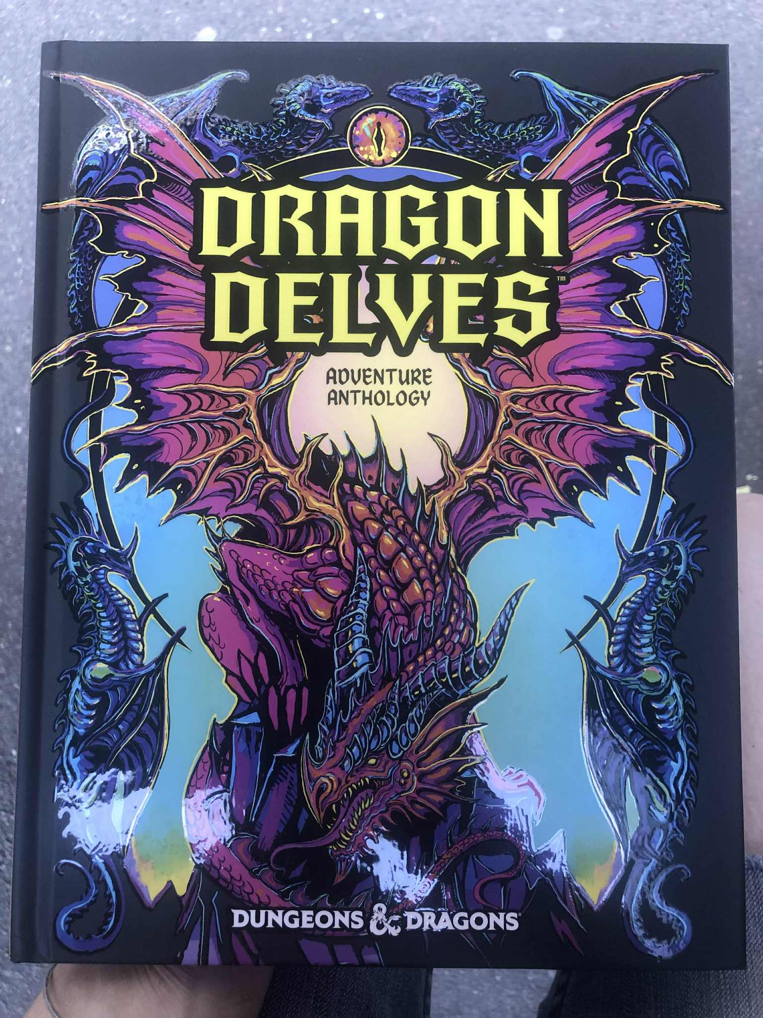 The book for Dragon Delves adventure anthologies, freshly received and sitting on Kabutroid's lap at the bus stop just outside the mall where she picked it up.
