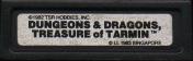 The top of the cartridge, stating Dungeons and Dragons Treasure of Tarmin, 1982 TSR hobbies inc, l l 1983 Singapore.