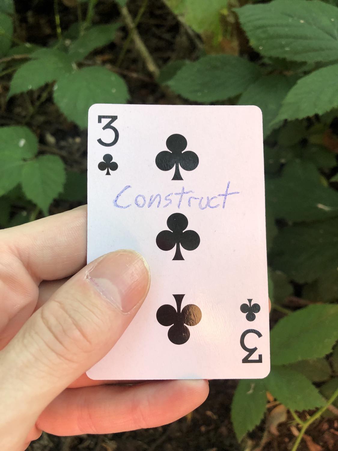The three of clubs with the word Construct written on it, held above the brush.
