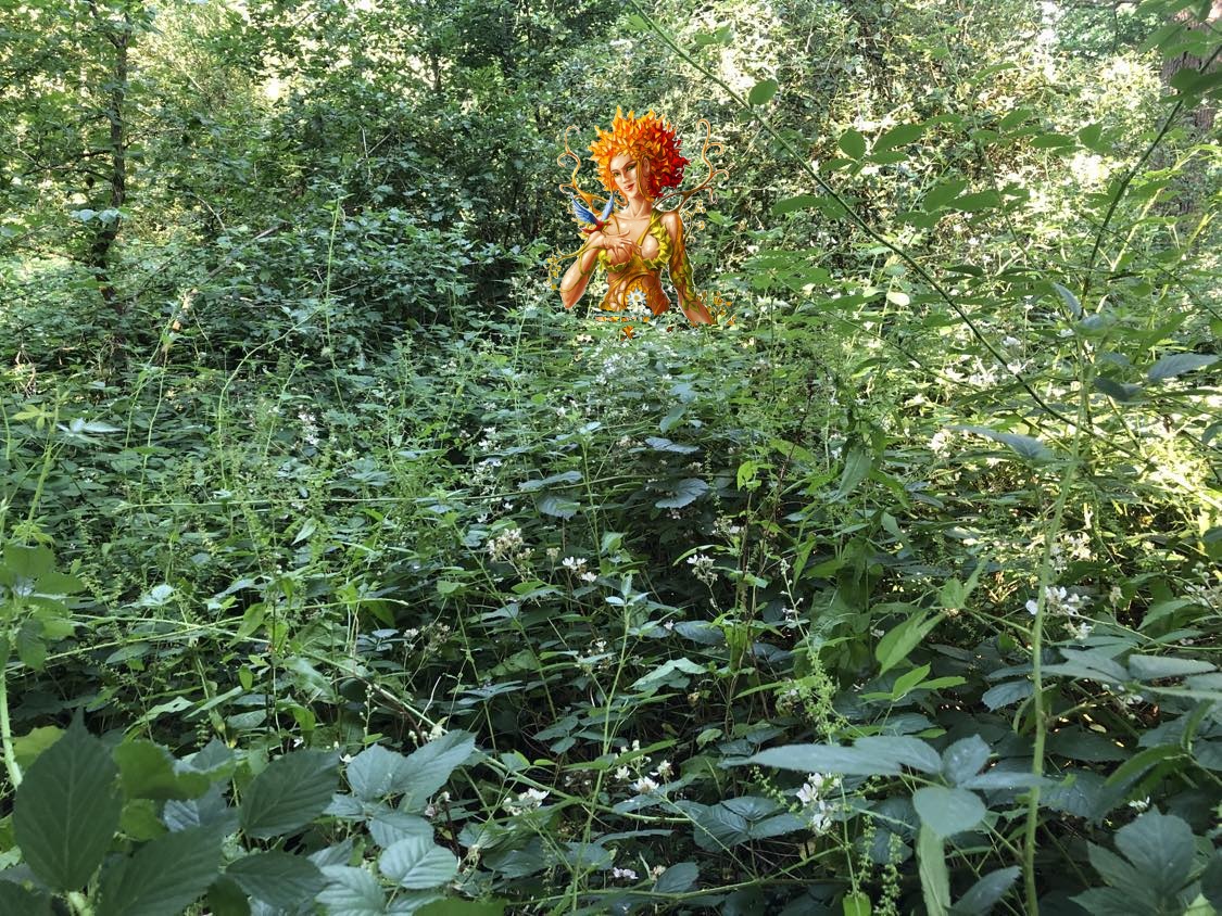 An orange and brown dryad holding a butterfly stands in her flower grove.