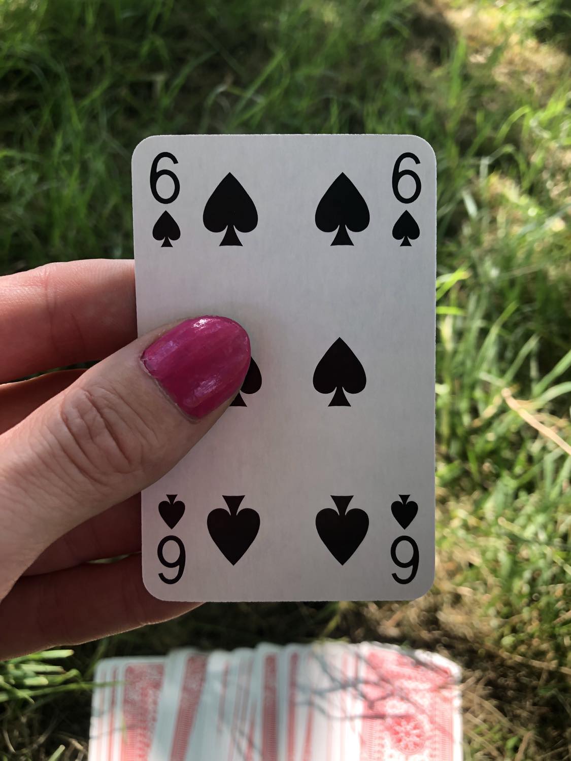 The six of spades, held up from the drawn out cards.