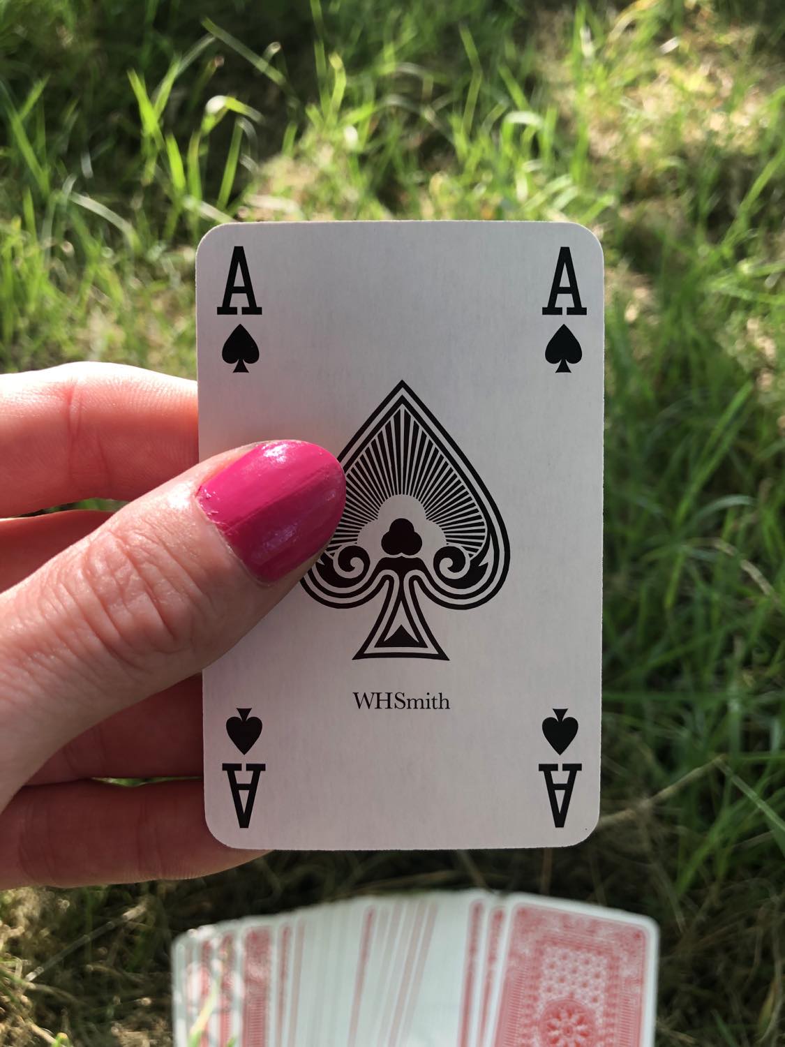 The ace of spades, held up from the drawn out cards.