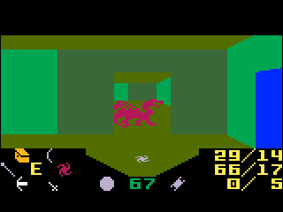 A purple dragon standing in a doorway, with a small fireball on the ground.