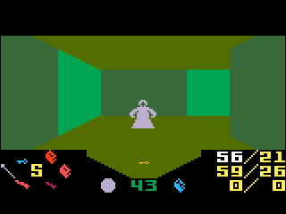 A short grey ghoul, standing in the corner of a hallway, with a key on the ground