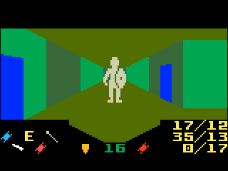 Grey shielded giant in a hallway, near an intersection.