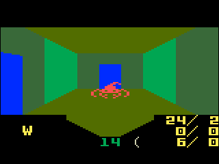 Pink scorpion standing in a hallway, with doors around.