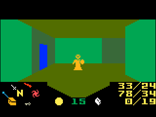 Orange cloaked skeleton with a shield at the corner of a hall, beside a door
