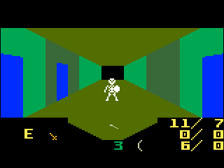 Shielded skeleton in a hallway, with a dart on the ground