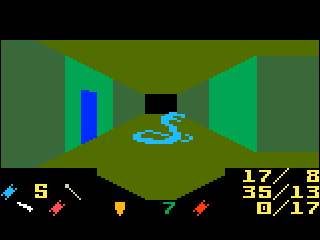 Blue snake sitting at the intersection of a hallway.