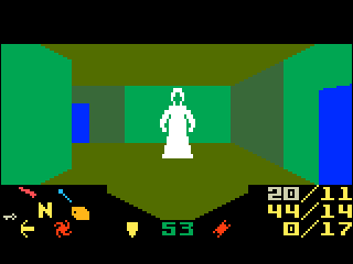 Tall white wraith standing at the corner of a hallway, with doors around.