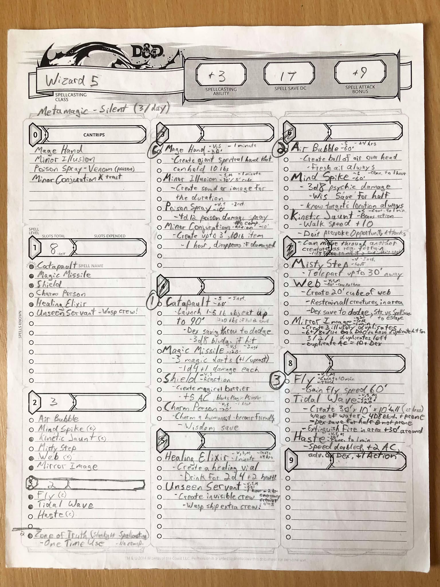 Kabu-Galag's spell sheet, page three. Both the short list and the spell details all fit on the same page, as it only goes up to level 3. We have Mage Hand, Poison Spray. Catapault, Magic Missile. Mind Spike and Misty Step, Web that she found along the way. Fly, Tidal Wave, and Haste, although she has a wand of haste too. Also Zone of Truth, that she got from the Starlight Spellcasting in the Light of Xaryxis. And then it has all of the details for all of these. She does have one metamagic though, through a unicorn-horn-shedding that she was gifted, so she can do silent spells three times a day. She isn't all that interested in magic in general though, so she would have to see something particularly interesting to take up some of that last bit of space on the page. Or something cool. Anyways, magic isn't her strong point, so it'd probably have to be something cool to add to here.